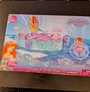 Disney Princess Ariel Fountain & Bubble Boat In Box, All Pieces!